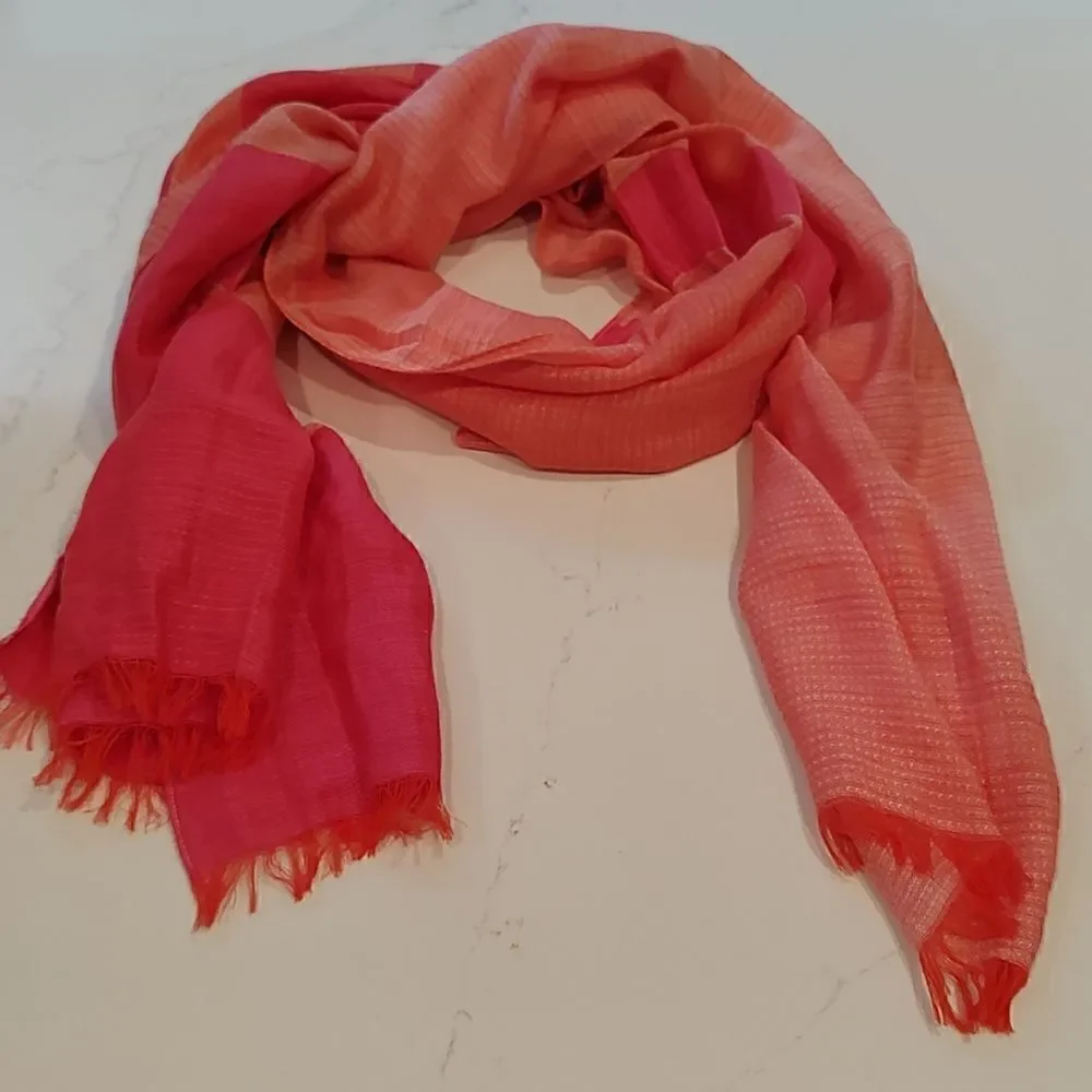J. Jill Beachy Fringed Striped Linen Blend Wrap Scarf in Pink and Orange